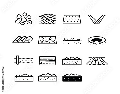 Soil cultivation. Line icon set of soil cultivation: soil clods, tilled soil pattern, seed bed, furrow line, ridge row, soil texture symbol,