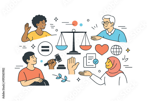 Image Generation. Equality and justice concept. Diverse individuals connect around universal symbols of balance and fairness, forming a harmonious composition.