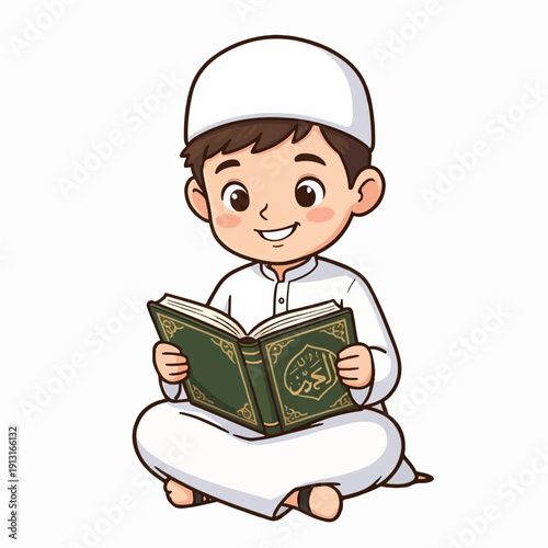 Smiling young Muslim boy reading Quran in traditional attire