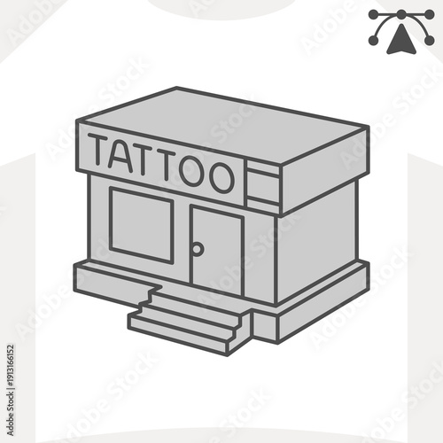 Tattoo studio house isometric icon, storefront concept. Vector graphics. Parlor or studio house window with steps and an entrance door sign and editable stroke, outline style icon for mobile or web de