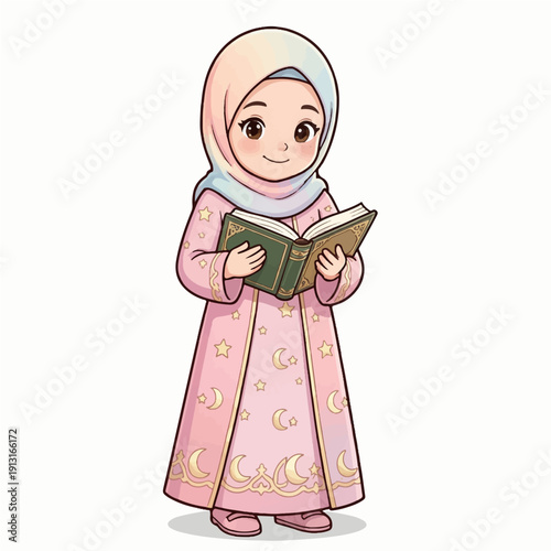 Smiling young Muslim girl reading a book in elegant pink outfit