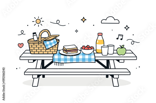 Image Generation. Picnic preparation scene. A picnic bench with neatly placed basket, blanket, and simple food items, capturing a calm and welcoming outdoor