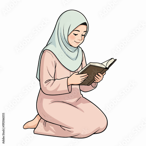 Woman in hijab smiling while reading a book
