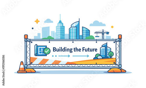 Construction site fence with banner a modern city backdrop where a branded banner is attached to a construction fence, suggesting