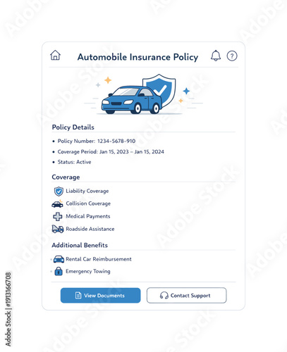 Image Generation. Automobile insurance policy interface. A neatly structured page layout with headings, bullet points, and a car symbol, shown as a web or app