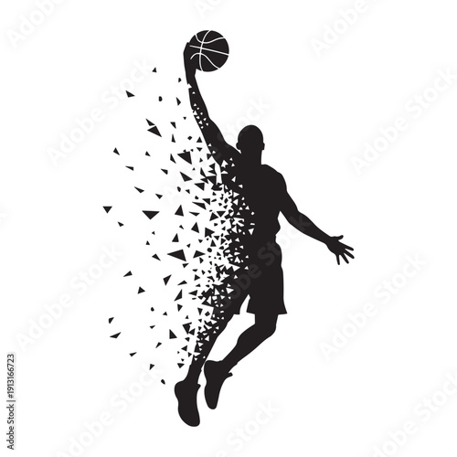 Basketball player silhouette jumping to dunk with dispersion effect vector illustration.
