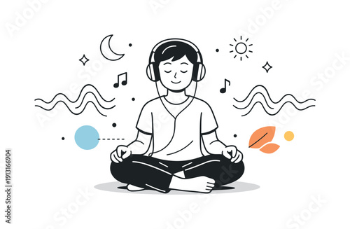 Mindful break. Person sitting alone listening to music with headphones, eyes closed and relaxed. Soft sound waves and abstract shapes create