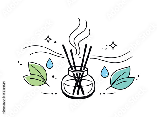 Natural home fragrance concept. Abstract composition with diffuser, droplets, leaves, and soft scent lines arranged harmoniously. Visual