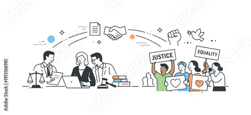 Justice Movement Collaboration. Lawyers supporting justice movements. Attorneys collaborate behind the scenes while peaceful civic action unfolds nearby. Quiet