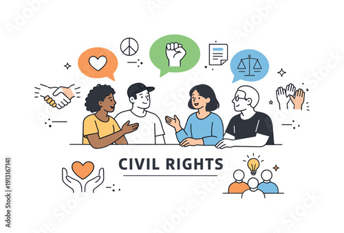 Image Generation. Community support for civil rights. People listen, talk, and exchange ideas in an open, respectful setting. Cooperation, empathy, and civic