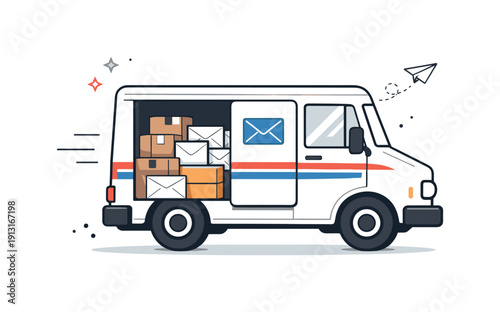 Image Generation. Postal delivery vehicle. A minimal composition showing a mail truck with visible envelopes and boxes inside. Calm colors and lots of white