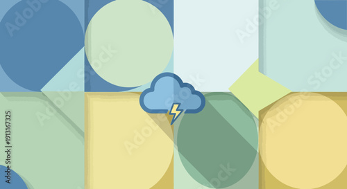 Stormy weather cloud with lightning on geometric background.