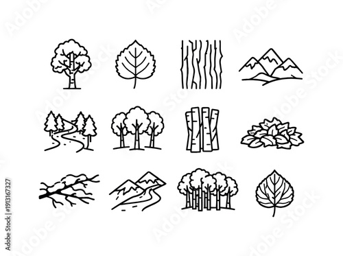 Image Generation. Aspen. Line icon set of Aspen: aspen tree, aspen leaf, tree bark texture, mountain background, forest path, fall foliage, tree trunk cluster,