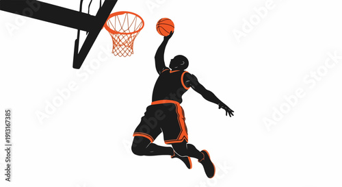 A basketball player in black and orange uniform jumping to dunk a ball into a hoop with a white background.