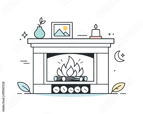 Minimal fireplace design. A modern fireplace with a clean mantel shelf and gentle decorative shapes, expressing simplicity and understated