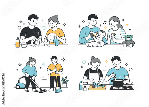 Gender equality everyday life. Simple characters performing daily activities with equal roles and shared tasks. The illustration feels