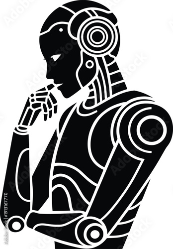 Pensive Robot Figure in Black and White android cyborg
