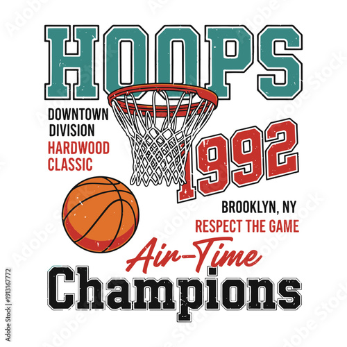 Vintage Hoops 1992 Champions basketball typography poster with net vector illustration.