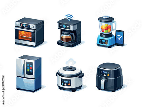 Smart kitchen appliances. Isometric flat vector icons set of smart kitchen appliances: smart oven with touchscreen, voice controlled coffee