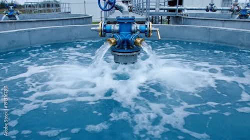 Industrial water treatment aeration process with clean blue water and technology