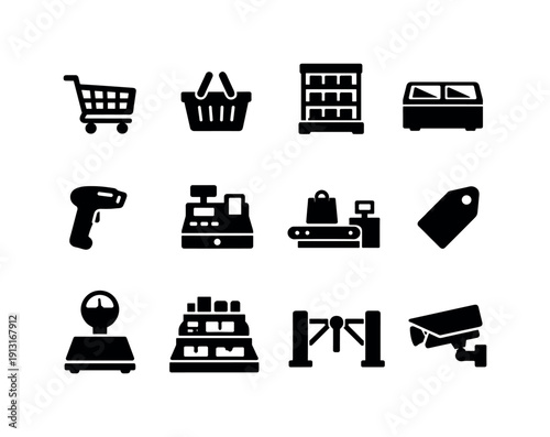 Supermarket equipment. Solid icon set of supermarket equipment: shopping cart, shopping basket, store shelf, freezer case, barcode scanner,
