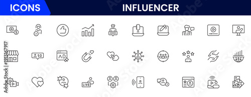 Influencer and blogging line icons collection. Big UI icon set in a flat design. Thin outline icons pack. Vector illustration