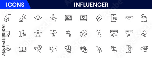 Influencer and blogging line icons collection. Big UI icon set in a flat design. Thin outline icons pack. Vector illustration