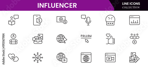 Influencer and blogging line icons collection. Big UI icon set in a flat design. Thin outline icons pack. Vector illustration
