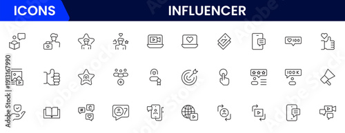 Influencer and blogging line icons collection. Big UI icon set in a flat design. Thin outline icons pack. Vector illustration