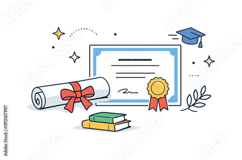 Academic Success Symbols. Academic achievements and graduations ? diploma and certificate. A clean editorial scene with a rolled diploma tied with a ribbon,