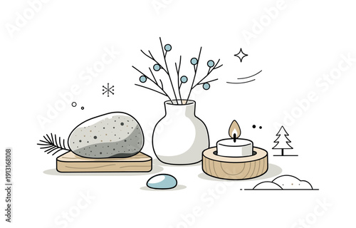Image Generation. Minimal winter still life. Clean tabletop composition with stone, wood, and ceramic elements, expressing natural textures and