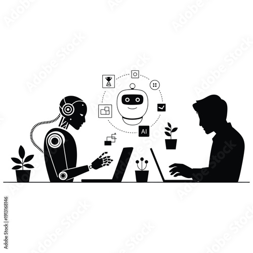 Robot and human working together on laptops with AI chatbot