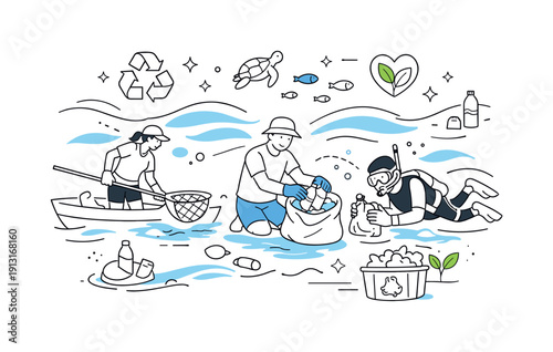 Ocean Waste Cleanup. Plastic waste removal from oceans. People carefully extracting debris while respecting marine environment, steady and thoughtful process.