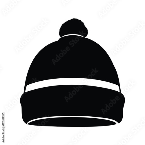 A stylish black and white winter hat with a pom pom silhouette vector illustration, beanie hat silhouette vector illustration