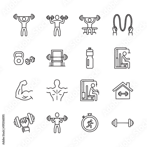 Gym fitness workout icons set with weightlifting and exercise equipment vector illustration.