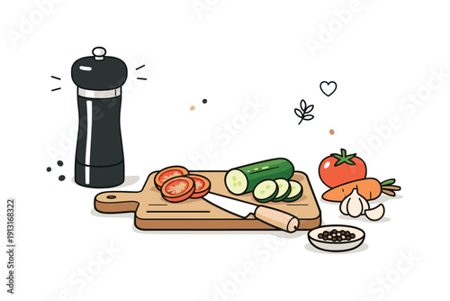Image Generation. Pepper grinder. Cooking preparation scene with a grinder next to a cutting board and vegetables. Calm home kitchen atmosphere with modern