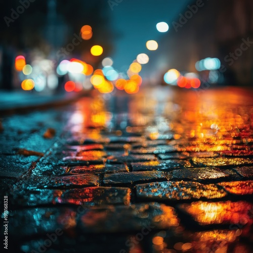 Wallpaper Mural Cobblestone street after rain with blurred city lights Torontodigital.ca