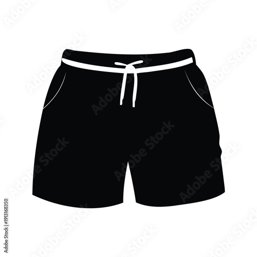 Silhouette of black swim shorts with white waistband, vector illustration for summer sportswear design, casual shorts silhouette vector illustration