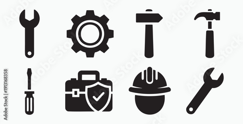 Set of 8 black and white vector icons depicting essential tools and equipment commonly used in various trades and industries such as a wrench hammer screwdriver toolbox and hard hat