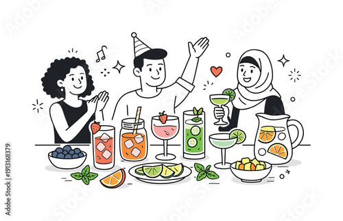 Mocktail bar celebration. A stylish table with colorful non-alcoholic drinks, fruit garnishes and simple glasses. Inclusive party atmosphere,