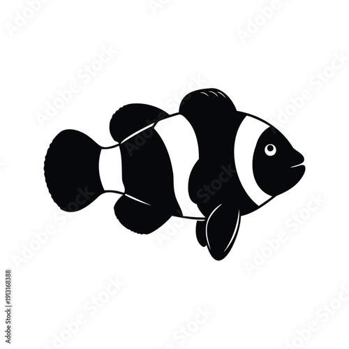 Konstfotografi Black and white clown fish with fins and tail details silhouette vector illustra