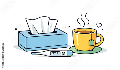 Cozy Recovery Setup. Tissues, thermometer and hot tea setup. A cozy arrangement of tissues, a thermometer, and a steaming cup of tea on a table, calm care and