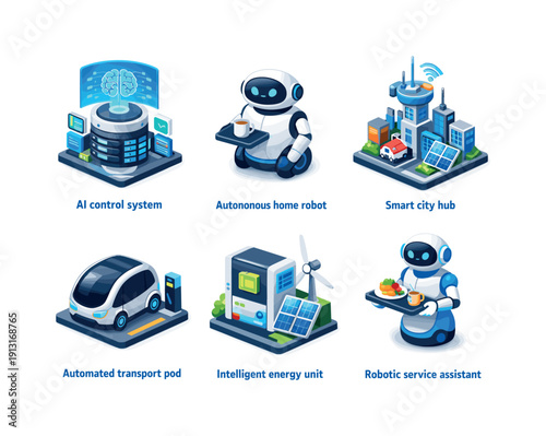 Fully automated life. Isometric flat vector icons set of Fully automated life: central AI control system, autonomous home robot, smart city