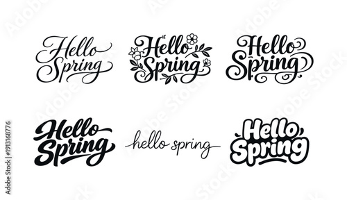 Spring botanical script. Set lettering. harmonious lettering variations of the same emblematic concept, each with different