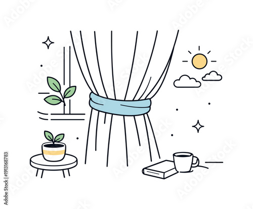 Image Generation. Curtain tieback detail. Soft fabric curtains gently gathered with a simple tieback, creating a calm and balanced interior scene. Subtle light