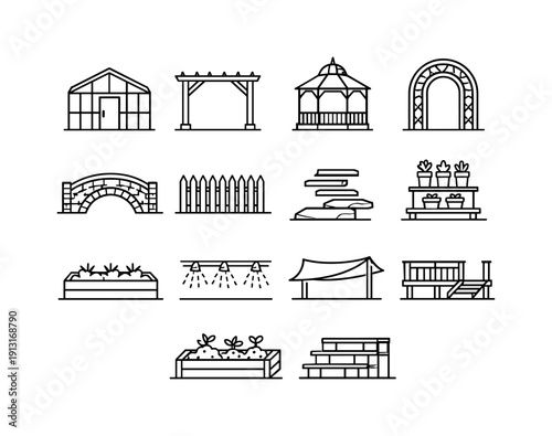Garden structures. Line icon set of garden structures: greenhouse building, pergola, gazebo, arched trellis, stone bridge, garden fence,
