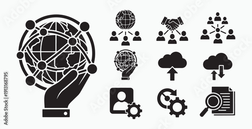 Set of 9 black and white vector icons illustrating global networking collaboration data management and settings with images of connected globes people clouds and gears