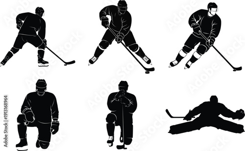 Dynamic hockey players in various action poses and a fallen player silhouette