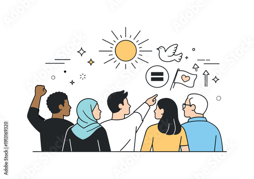 Future of civil rights. A hopeful scene of diverse people looking forward together, symbolizing progress and long-term equality. Optimism,