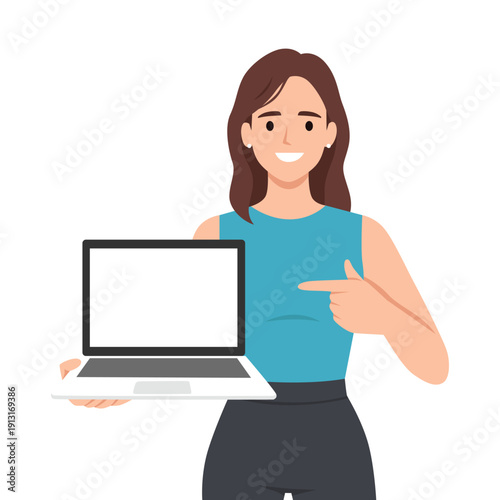 Smiling Businesswoman Holding Laptop with Blank Screen. Flat vector illustration isolated on white background
